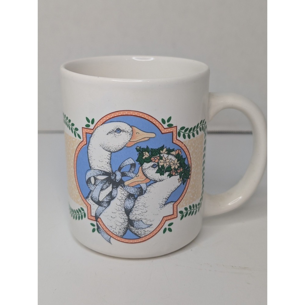 Vtg 90's Country Goose Coffee Mug Cup Blue Ribbon Bow Cottage Core Double Sided